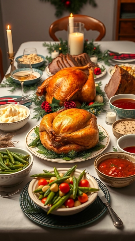 A festive Christmas dinner table with turkey, ham, sides, and decorations.